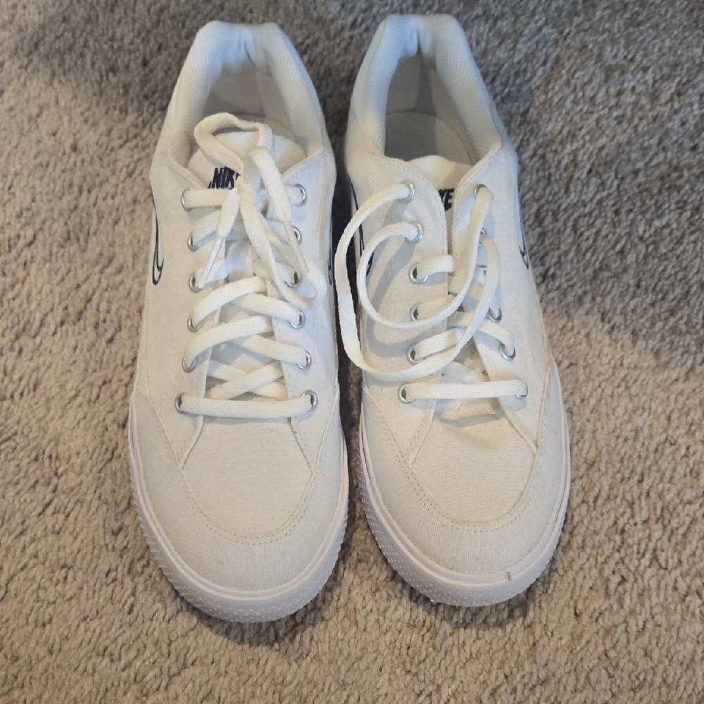 Nike White Canvas Athletic Shoes with Navy Swoosh